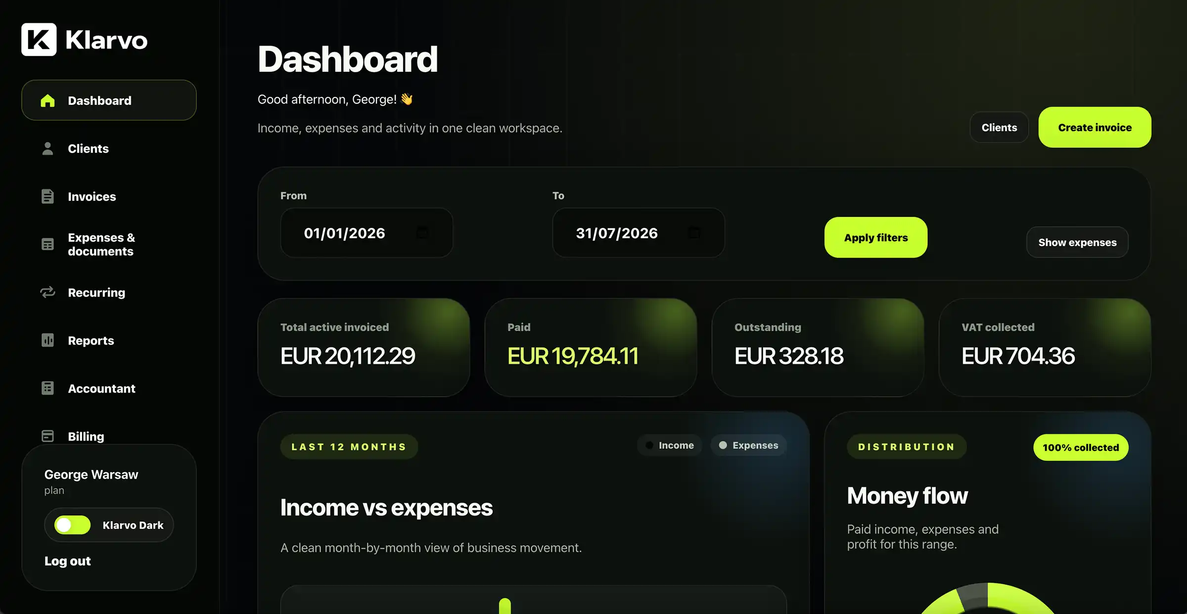 Klarvo dashboard with invoices, payments, expenses and business reports